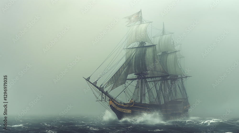 Fototapeta premium An elegant brigantine with two masts and wide sail_004