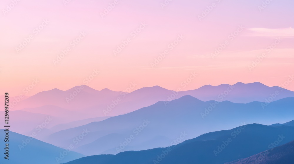 A serene landscape displaying layered mountain ranges at dusk A serene landscape displaying layered mountain ranges at dusk
