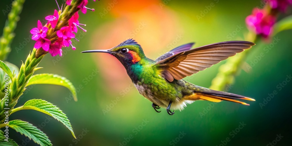 Fototapeta premium Wirecrested Thorntail Hummingbird Hovering Near Amazon Rainforest Flowers