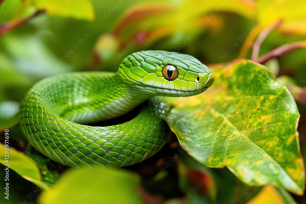Green snake among leaves, close-up Green snake among leaves, close-up