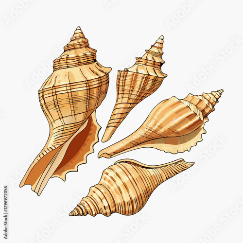 Natural horse cone long sea shell or known as Volema Carinifera vector  illustration