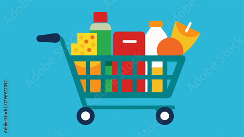 Stocking Up on Essentials A grocery cart filled with nonperishable food items and household essentials representing preparation for potential emergencies.