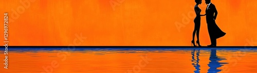 Couple meeting orange background, reflection, abstract art, possible use print, poster