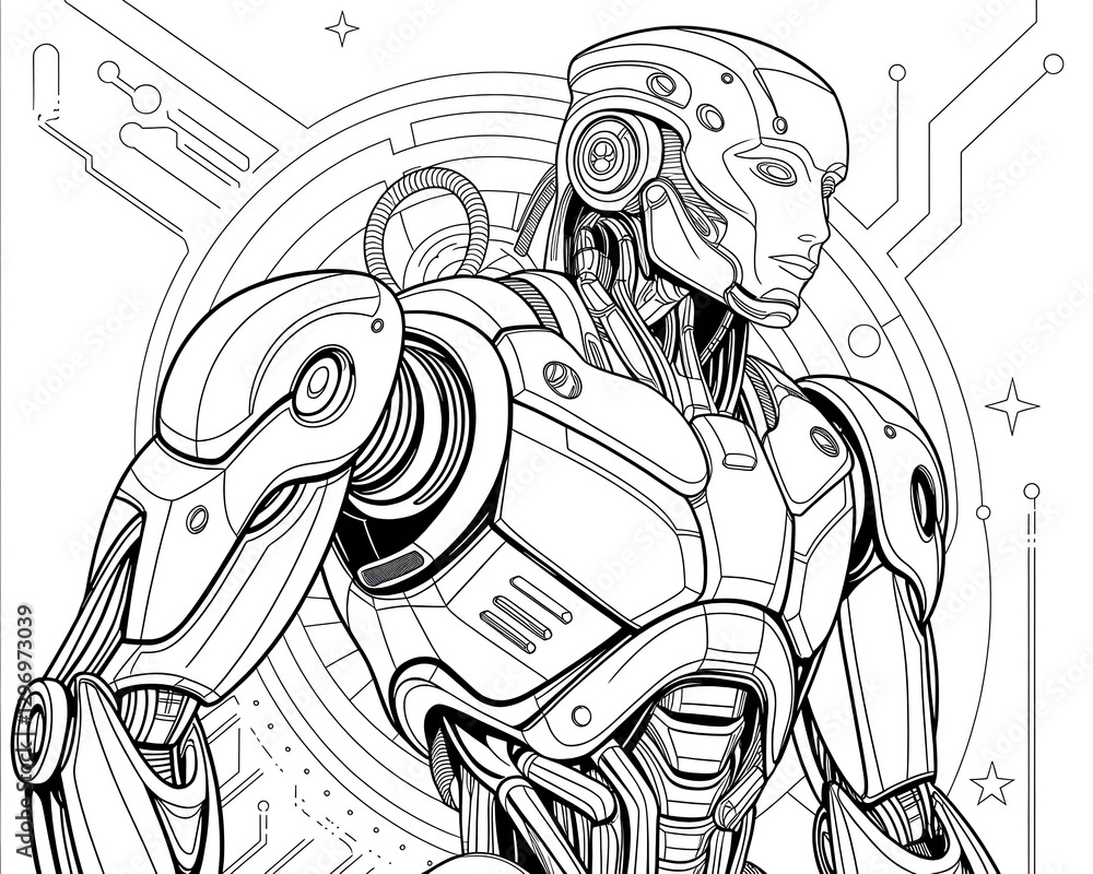 A Futuristic Robot Line Art – outline Cybernetic Mecha Illustration | AI Tech Android Drawing coloring page vector illustration. 