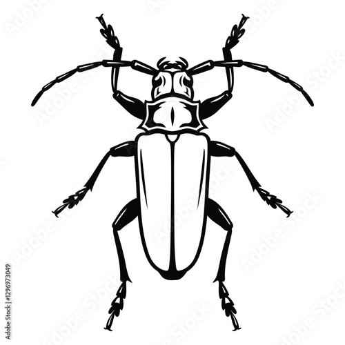 Longhorn beetle line art silhouette vector graphic, white background.