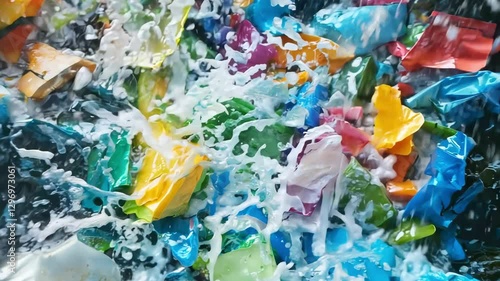 Vibrant plastic waste explosion amidst pouring water in motion
