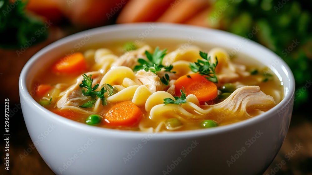 Comfort in a Bowl: A heartwarming close-up captures the essence of a classic chicken noodle soup, a symphony of flavors and textures in a pristine bowl, inviting warmth and home-style cooking. Comfort in a Bowl: A heartwarming close-up captures the essence of a classic chicken noodle soup, a symphony of flavors and textures in a pristine bowl, inviting warmth and home-style cooking.
