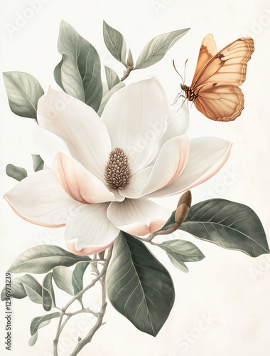 Elegant botanical illustration of a white magnolia flower, showcasing delicate petals and natural elegance in a serene setting