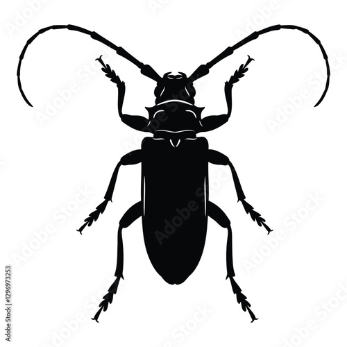 Longhorn beetle silhouette vector graphic, white background.
