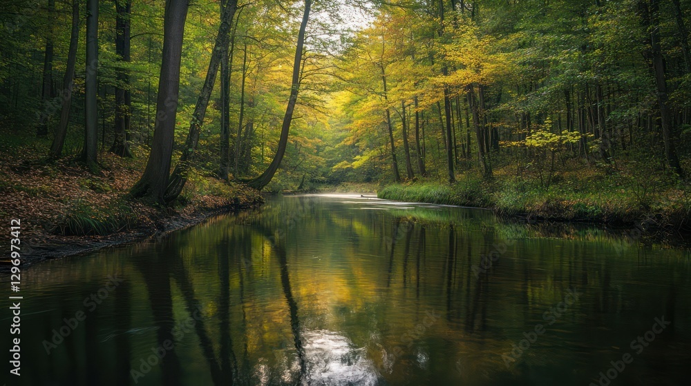 A calm flowing river surrounded by lush green and yellow trees A calm flowing river surrounded by lush green and yellow trees