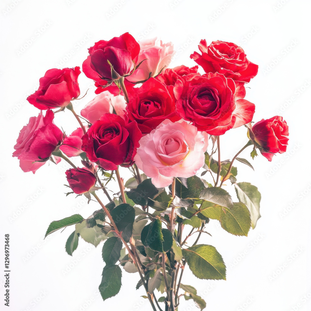 Beautiful bouquet of red and pink roses with green leaves, symbolizing love and affection. Perfect for celebrations or as gift to express emotions Beautiful bouquet of red and pink roses with green leaves, symbolizing love and affection. Perfect for celebrations or as gift to express emotions