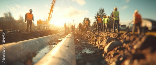 Workers Install Pipes: Infrastructure Project at Sunset