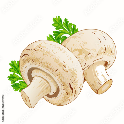 Two common or champignon mushrooms with parsley twig isolated  white background vector  illustration