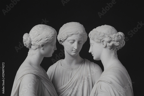 Whispers of Eternity: A neoclassical sculpture of three women in solemn conversation, rendered in exquisite detail against a backdrop of darkness, evoking a sense of mystery and timelessness.