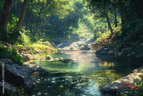 A Beautiful Forest Stream Flows Through a Lush Green Environment