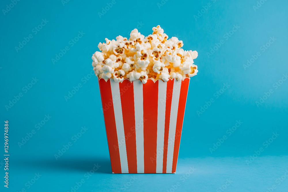 Classic Red and White Popcorn Bucket on Blue Background for Cinema Movie Watching, Generative AI Classic Red and White Popcorn Bucket on Blue Background for Cinema Movie Watching, Generative AI