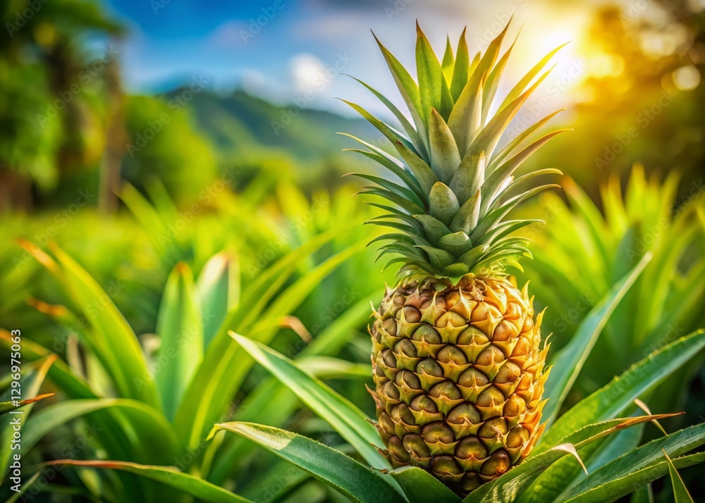 Young Pineapple Ripening in Seychelles Sunlight - Candid Stock Photo Young Pineapple Ripening in Seychelles Sunlight - Candid Stock Photo