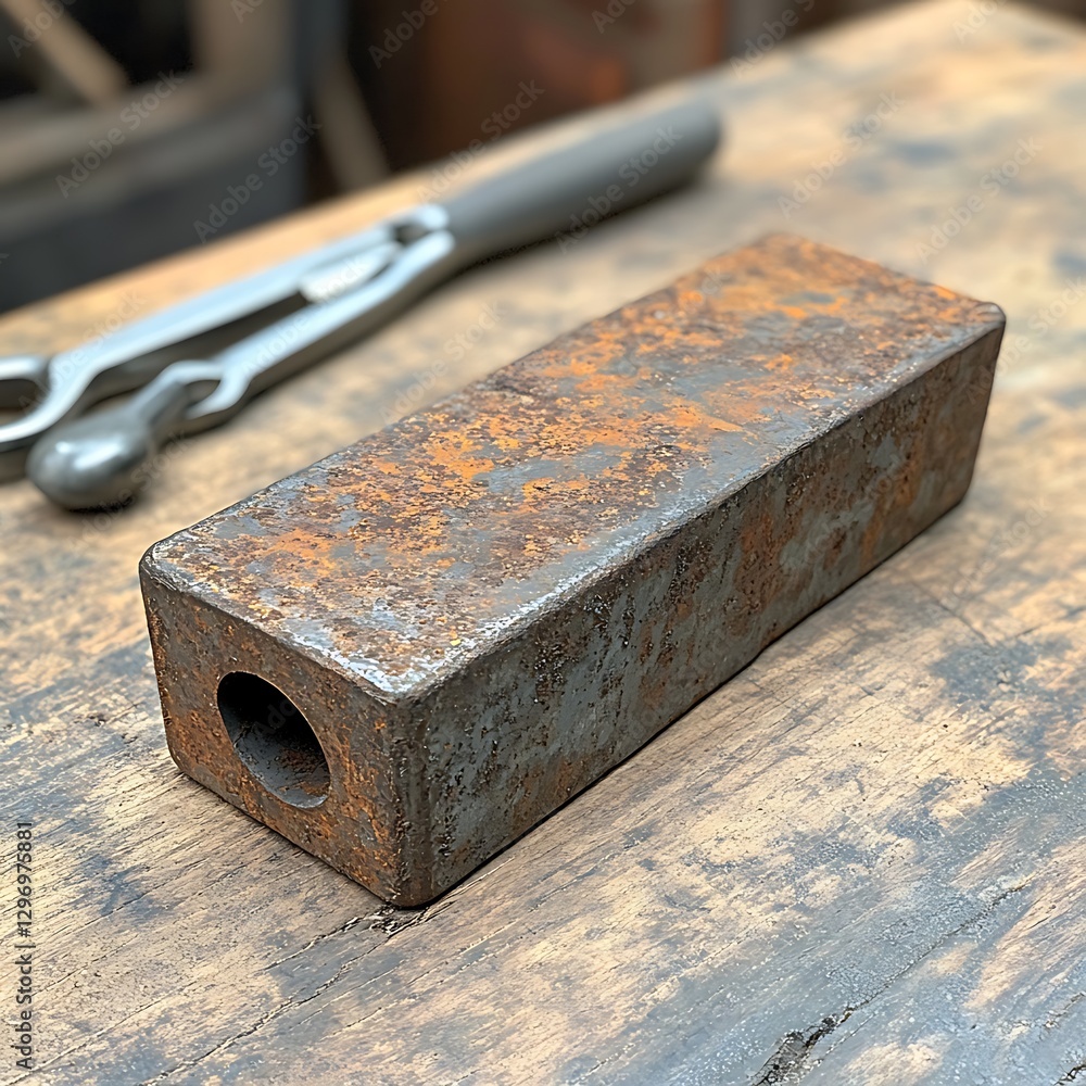 Rusty metal block on wooden table Rusty metal block on wooden table
