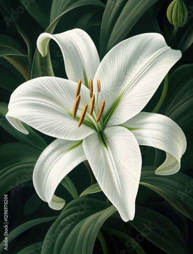 A tranquil white lily with smooth, delicate petals and soft natural light enhancing its serene beauty in full bloom