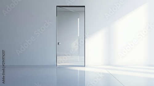 A modern glass door with reflections and bright ambient light