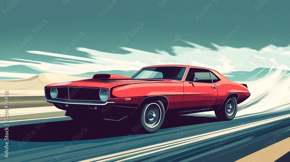 Fototapeta premium Fast Red Muscle Car in Desert Landscape