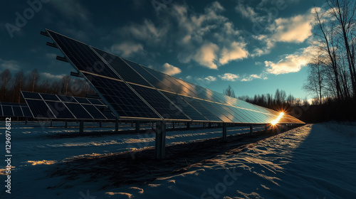 Solar panels at a power plant under a sunset sky with clouds reflecting warm light photo