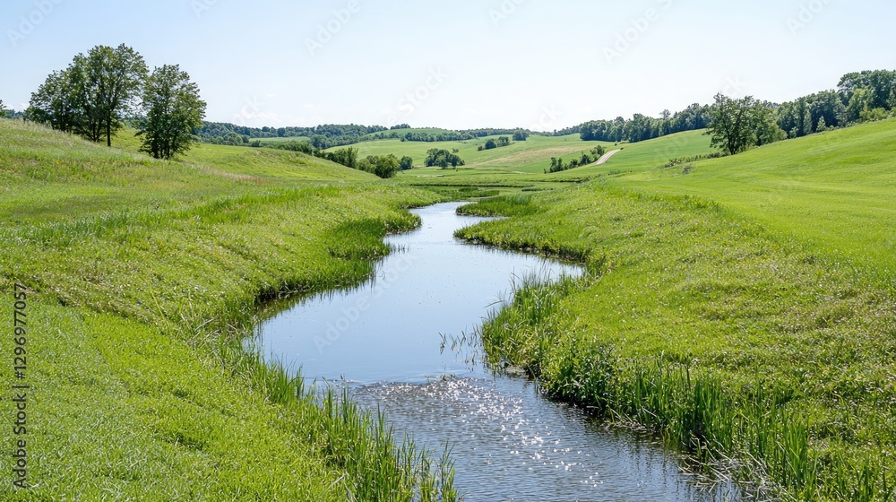 Serpentine stream meanders through lush green valley, idyllic rural landscape, perfect for travel brochures Serpentine stream meanders through lush green valley, idyllic rural landscape, perfect for travel brochures