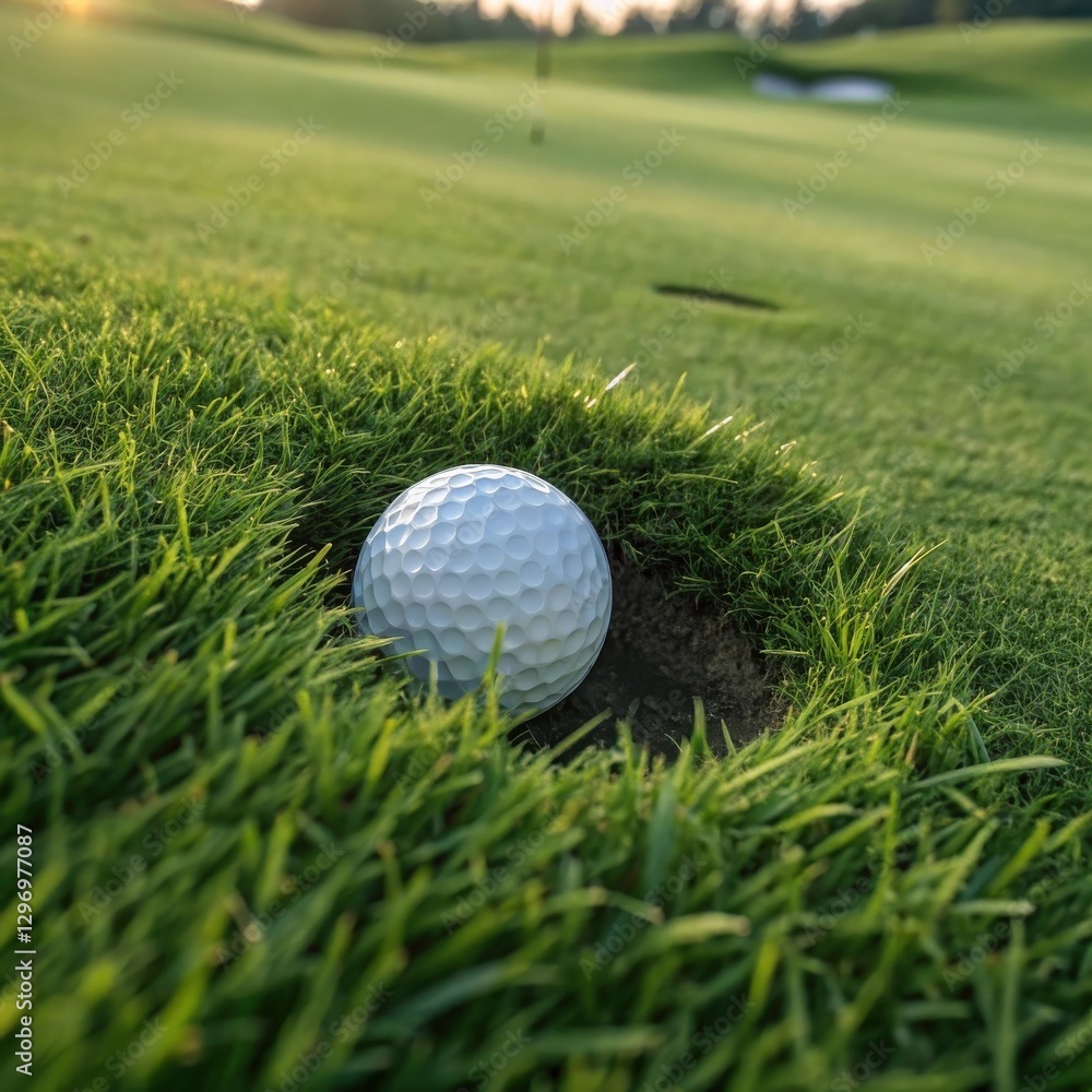 Close-up of a golf ball resting in a small grass divot near the hole on a green golf course during sunset. Close-up of a golf ball resting in a small grass divot near the hole on a green golf course during sunset.