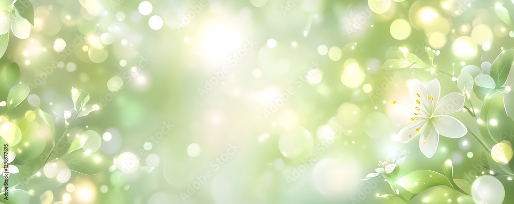 Spring blossoms and green leaves amid glowing light orbs Spring blossoms and green leaves amid glowing light orbs