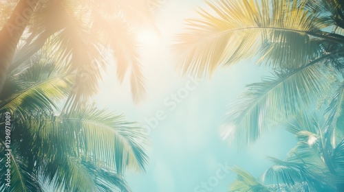 Tropical Palm Trees Against a Blue Sky with Bright Sunlight