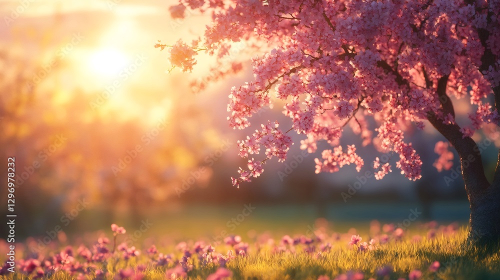 Blooming cherry tree in spring meadow at sunset creating stunning scenery Blooming cherry tree in spring meadow at sunset creating stunning scenery