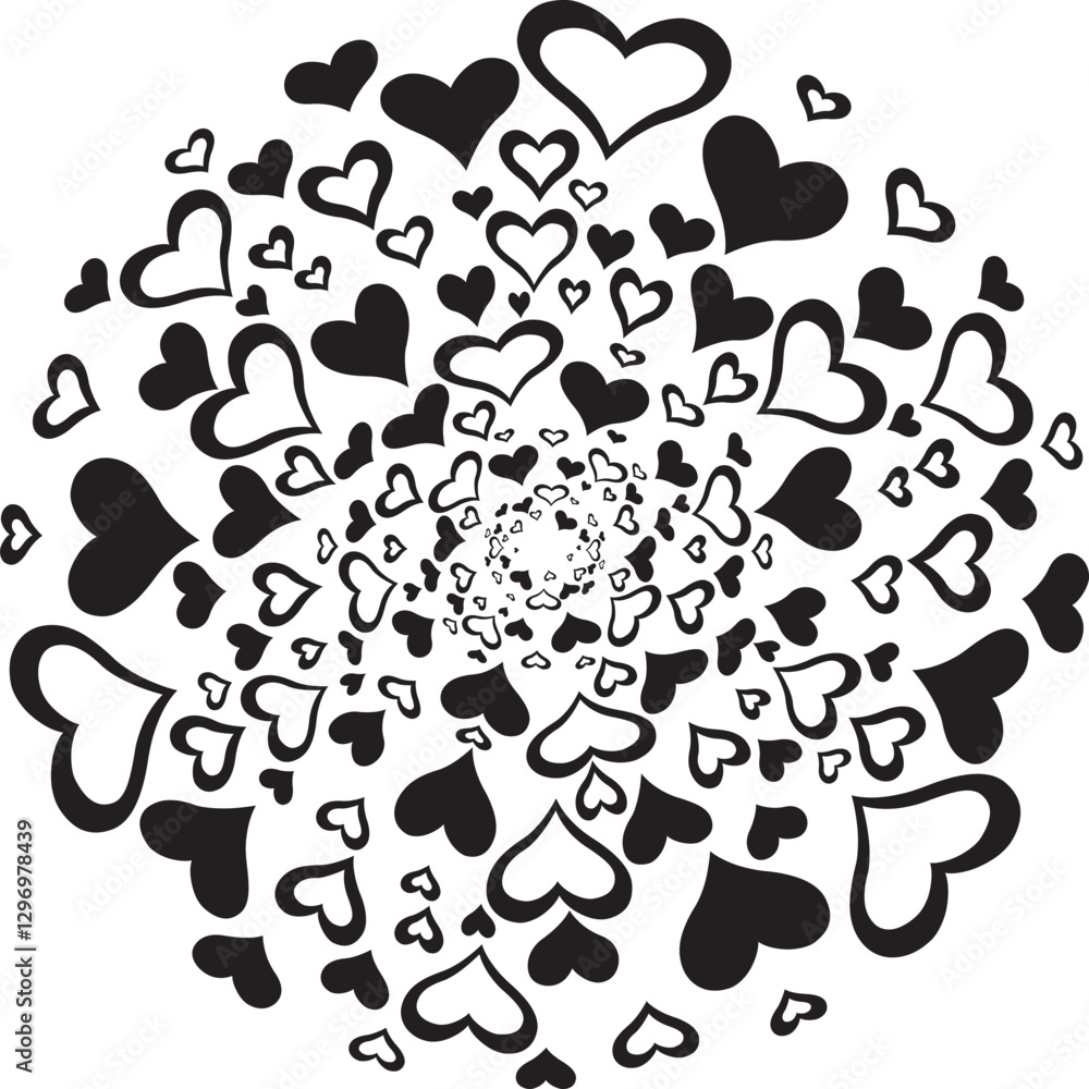 Fototapeta premium Circle full of hearts. Vector illustration made with black heart silhouettes on a white background filling a circular shape.