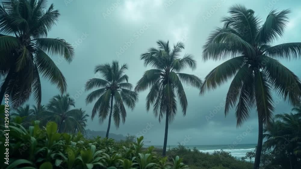 Dramatic clouds fill the sky as palm trees sway gently in the stormy breeze along the coastline during sunset Dramatic clouds fill the sky as palm trees sway gently in the stormy breeze along the coastline during sunset