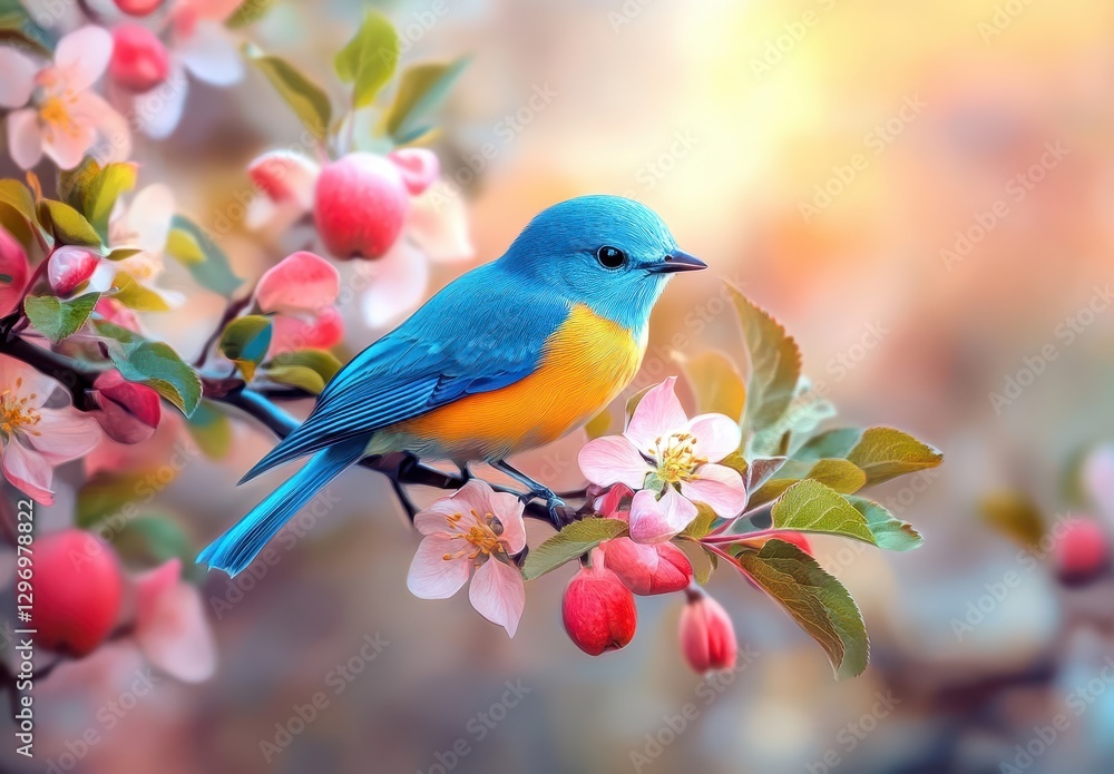 Fototapeta premium Vibrant blue and yellow bird perched on a flowering branch, showcasing nature's beauty in a soft pastel setting with blossoms and bright colors