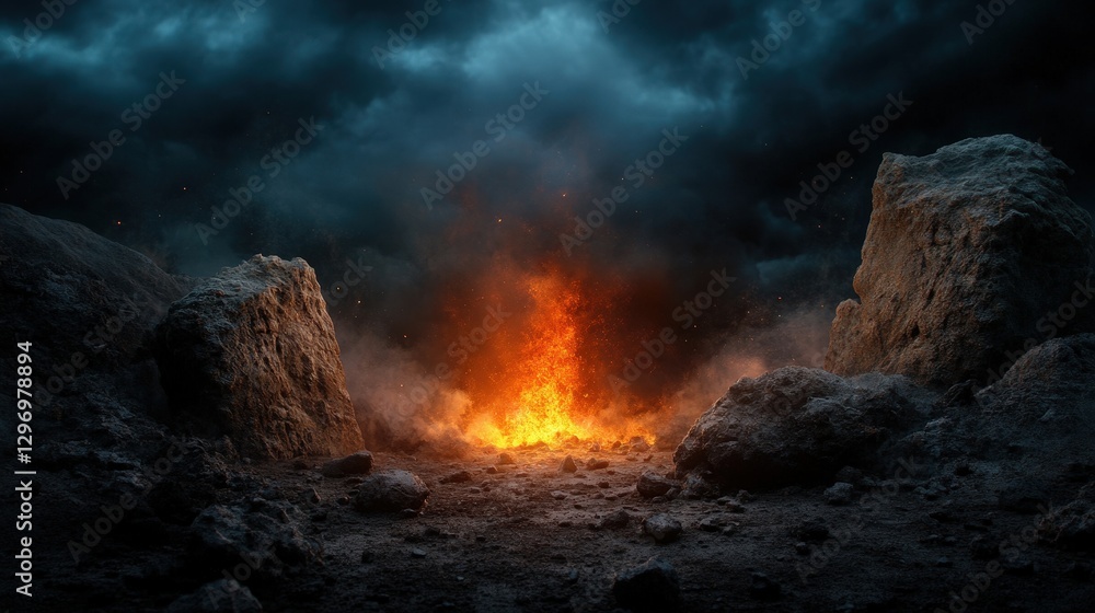 Fototapeta premium A dramatic visual showcasing a fiery explosion amidst rugged rocks, capturing the raw energy and chaotic beauty of nature's untamed fury in a stunning, expansive arena.