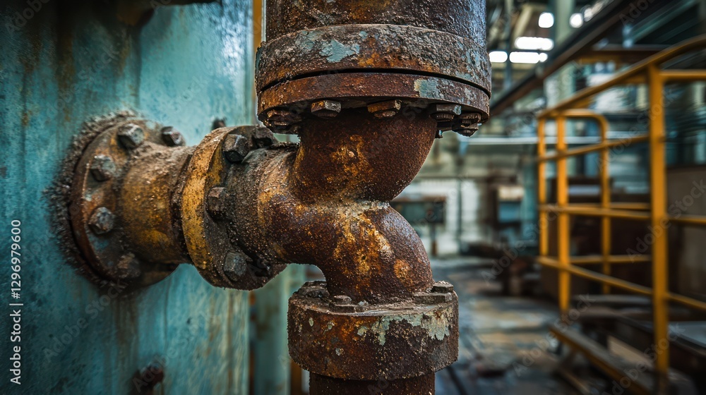 A rusty pipe joint connected to a blue industrial wall A rusty pipe joint connected to a blue industrial wall