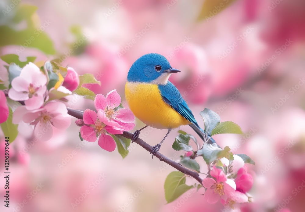 Vibrant Blue Bird Perched Among Blossoming Pink Flowers in a Soft Spring Garden Setting Vibrant Blue Bird Perched Among Blossoming Pink Flowers in a Soft Spring Garden Setting