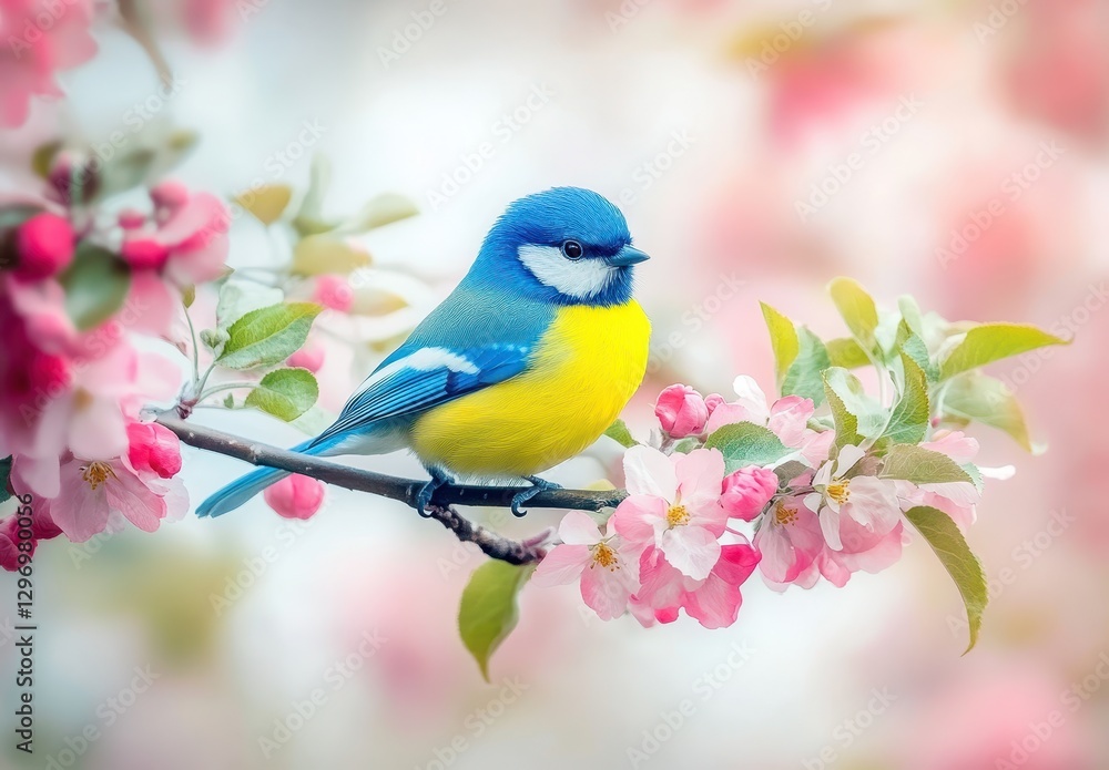 Obraz premium Vibrant Blue Bird Perched on a Branch of Pink Flowers in a Soft Blurred Background Ideal for Nature and Wildlife Enthusiasts