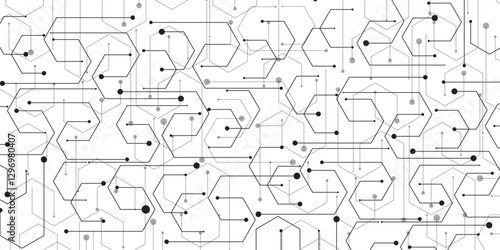 Gray and white technology background digital systems Hi-tech technology pattern. Black on white abstract particles connection background with hexagon.  Hi tech digital connect, communication vector.