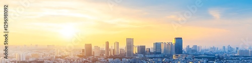 A sunset over cityscape with a large clear sky and text space