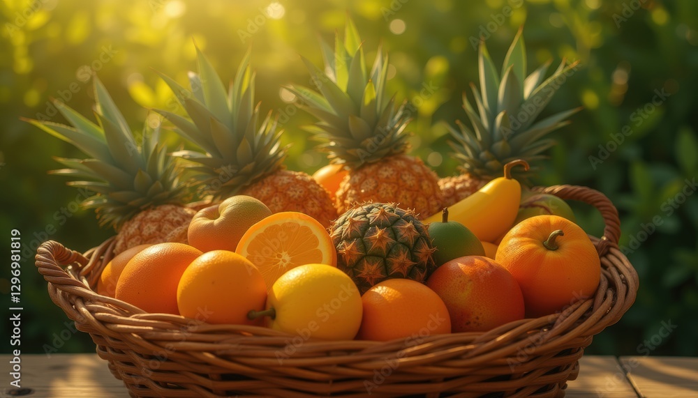 A basket of mixed fruits including oranges bananas and pineapples in a sunny garden setting A basket of mixed fruits including oranges bananas and pineapples in a sunny garden setting