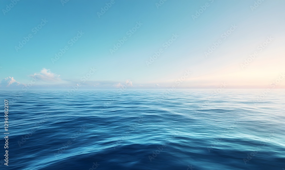 Obraz premium Vast calm blue ocean meeting soft pale sky horizon at gentle sunset time