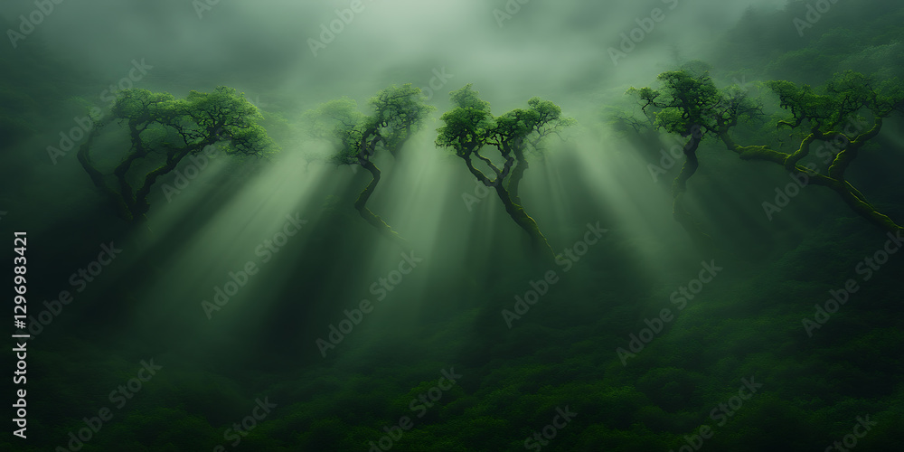 Ethereal Forest: Sunbeams pierce through mist, illuminating trees in a lush, verdant landscape. Magical realism meets nature's tranquility. Ethereal Forest: Sunbeams pierce through mist, illuminating trees in a lush, verdant landscape. Magical realism meets nature's tranquility.