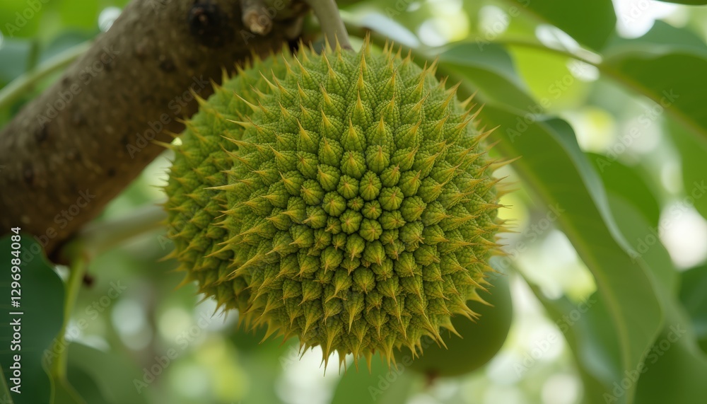 Green durian fruit hanging on tree with spiky exterior Green durian fruit hanging on tree with spiky exterior