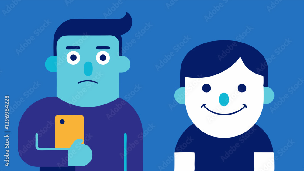 Two Figures A character looking at their phone with a frown while another character in the background is smiling and posing with a perfect lifestyle image on the screen. Two Figures A character looking at their phone with a frown while another character in the background is smiling and posing with a perfect lifestyle image on the screen.