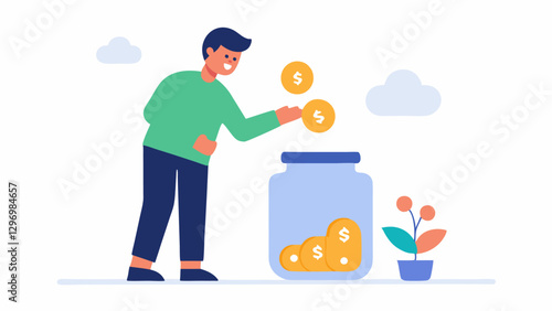 Savings Jar A freelancer happily adding coins to a jar labeled Tax Savings emphasizing the importance of setting aside money for tax obligations in a visually appealing way.