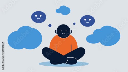 Thought Bubble A character sitting alone surrounded by thought bubbles filled with anxious and negative thoughts symbolizing the inner turmoil caused by isolation.