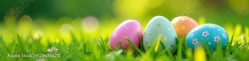 Close-up of decorated Easter eggs nestled in fresh grass, garden, traditional, colorful photo