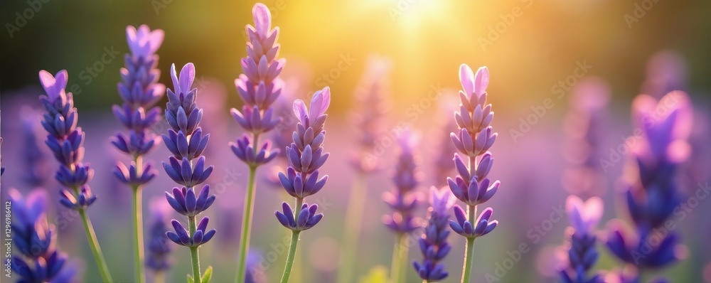 Close up of fragrant lavender plants in soft sunlight, agriculture, herbs, purple Close up of fragrant lavender plants in soft sunlight, agriculture, herbs, purple