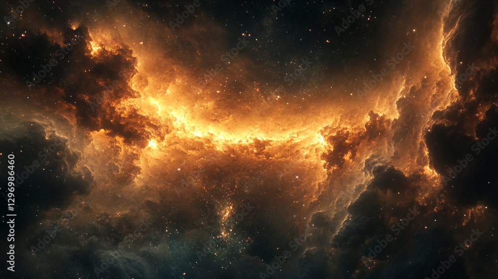 Fototapeta premium Fiery nebula cosmic cloudscape orange and brown space background sky art fire glow dark stars night